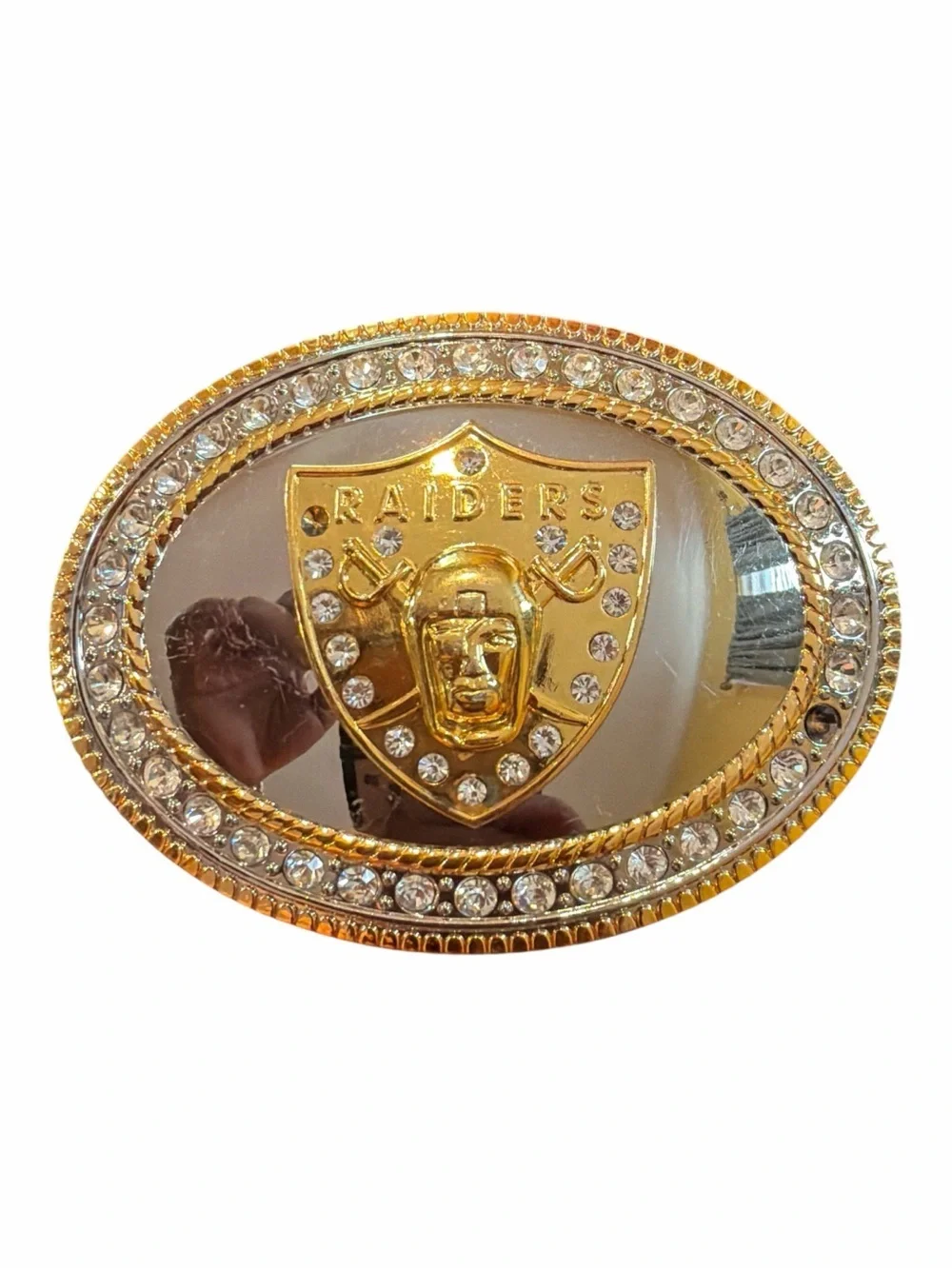 Source Unknown Gold and Silver Raiders Oval Crystal Belt Buckle